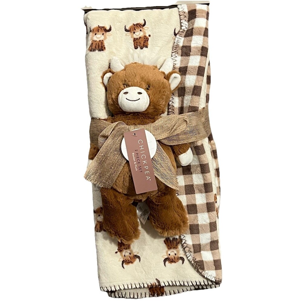 Chick Pea Farm Animals Baby Blanket Cow Plush Stuffed Toy Set Brown Gingham New